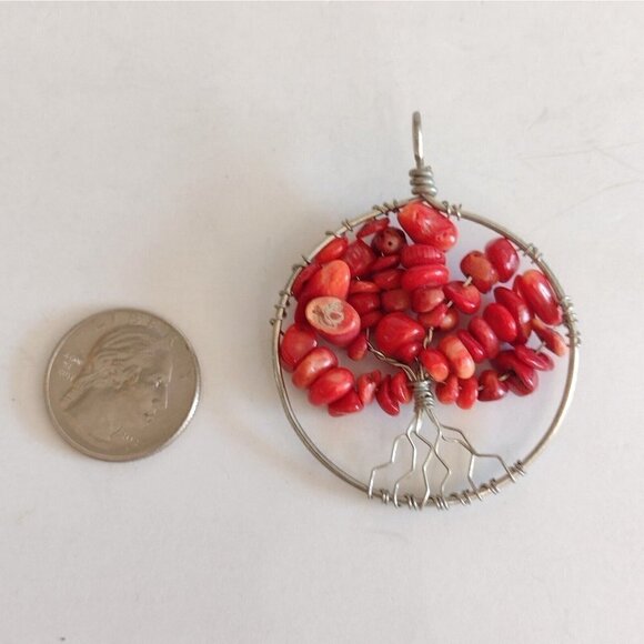 Tree Of Life Wire Wrap Pendant Red Stone Silver Tone - Picture 3 of 4